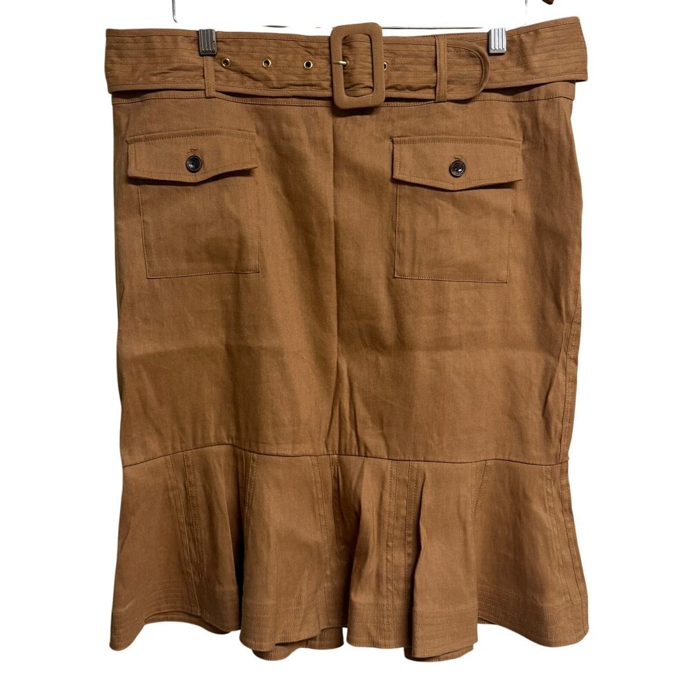Calvin Klein Women Skirt Size 12 Trumpet Straight Brown Linen Ruffle Career New